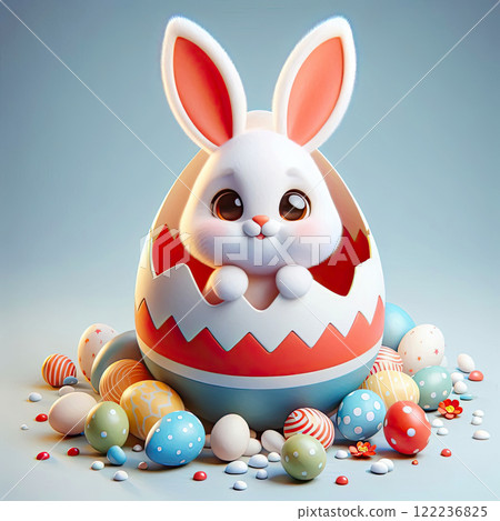 Cartoon cheerful Easter bunny with colorful Easter eggs and spring flowers Cartoon cheerful Easter bunny with colorful Easter eggs and spring flowers 122236825