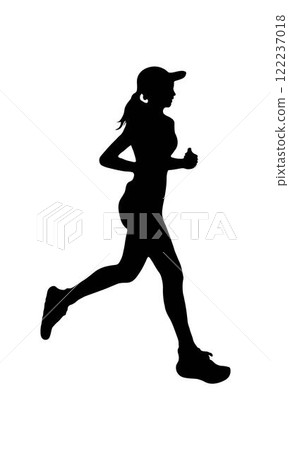 A silhouette of a woman running with determination, wearing a cap and athletic attire. The dynamic pose captures the energy and motion of a runner in mid-stride 122237018