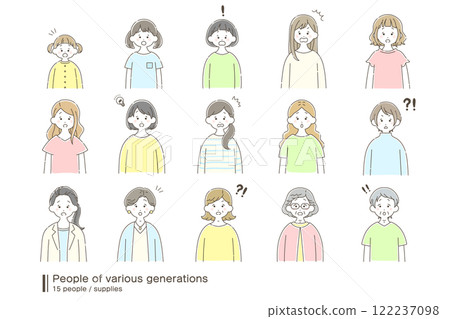A loose illustration (set) of women of various generations [surprised faces] 122237098