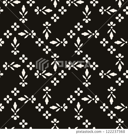 Simple minimalist floral pattern. Minimal seamless texture with small flower shapes. Abstract black and white geometric background. For print, package 122237368
