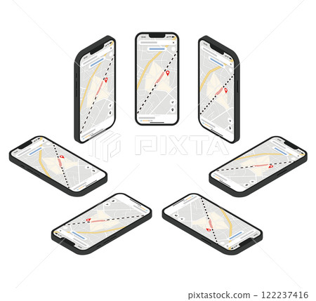 黑色智慧型手機地圖的等距插圖集 122237416