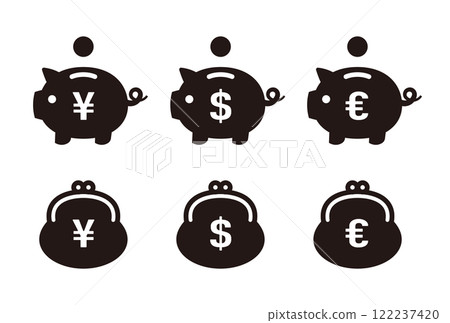 單色豬存錢筒和小袋皮夾圖示集 122237420