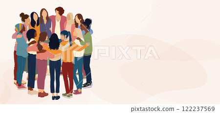 Group of multicultural women embracing in a circle. Diversity - inclusion - equality - girl power or empowerment concept.  International women s day 122237569