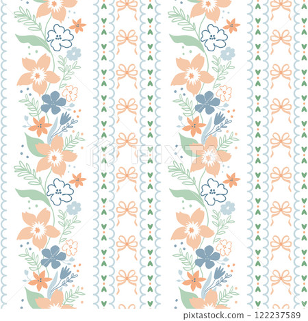 Floral grandmillennial seamless pattern. Vector coquette bows, flowers vertical stripes preppy wallpaper, cottagecore print Floral grandmillennial seamless pattern. Vector coquette bows, flowers vertical stripes preppy wallpaper, cottagecore print 122237589