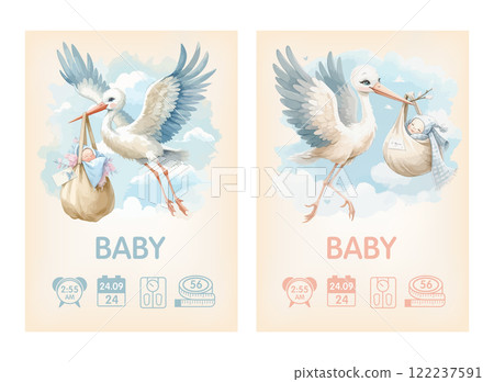 Watercolor Baby posters of newborn metric, height, weight, date of birth with stork carrying a cute baby. Newborn announcement cards, birthday party. 122237591