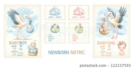 Watercolor Baby posters of newborn metric, height, weight, date of birth with stork carrying a cute baby. Newborn announcement cards, birthday party. 122237593