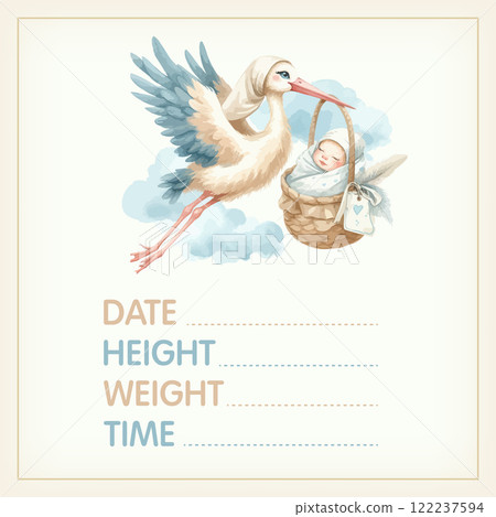 Watercolor Baby posters of newborn metric, height, weight, date of birth with stork carrying a cute baby. Newborn announcement cards, birthday party. 122237594