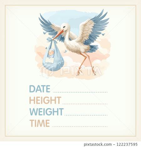 Watercolor Baby posters of newborn metric, height, weight, date of birth with stork carrying a cute baby. Newborn announcement cards, birthday party. 122237595