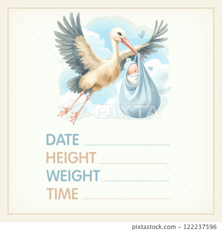 Watercolor Baby posters of newborn metric, height, weight, date of birth with stork carrying a cute baby. Newborn announcement cards, birthday party. 122237596