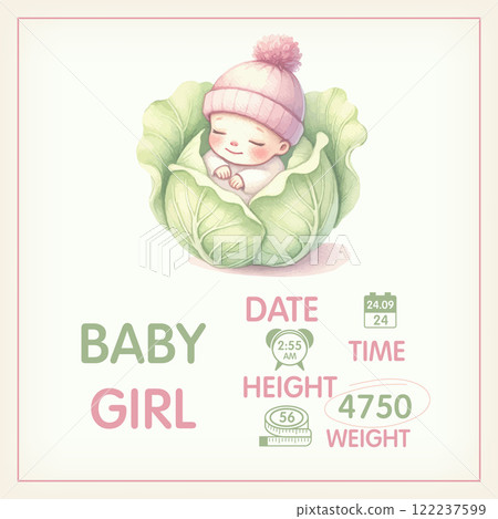 Watercolor Baby posters of newborn metric, height, weight, date of birth with newborn baby in cabbage. Newborn announcement cards, birthday party. Watercolor Baby posters of newborn metric, height, weight, date of birth with newborn baby in cabbage. Newborn announcement cards, birthday party. 122237599