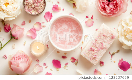 A tranquil home bathroom scene with lit candles and soothing bath salts, evoking a spa-like, relaxing atmosphere. 122237639