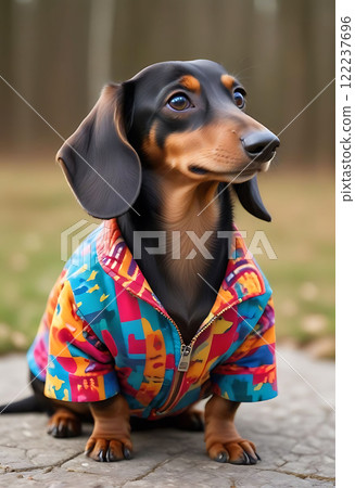 Colorful Dachshund in Trendy Outfit 122237696