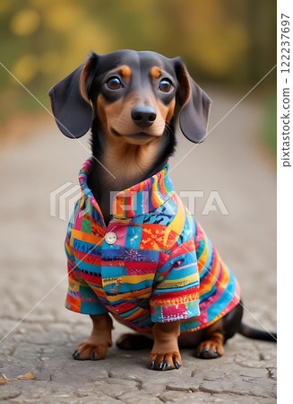 Colorful Dachshund in Trendy Outfit 122237697