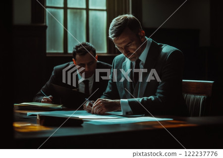 Intense courtroom scene with two male lawyers deep in thought. One lawyer writes diligently while the other observes. A drama of justice unfolds. Generative AI 122237776
