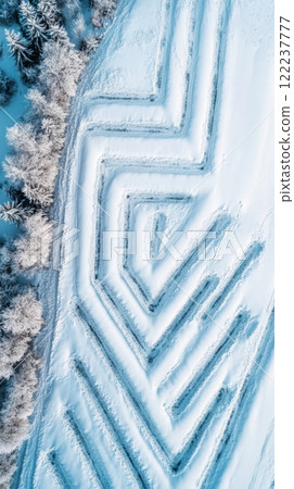 Aerial view of immaculate snow patterns created by nature. The intricate designs offer a stunning contrast to the serene winter landscape. Captivating and unique. Generative AI 122237777