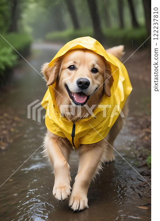 Golden Retriever in a Raincoat Golden Retriever in a Raincoat 122237810