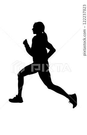 A silhouette of a female runner mid-stride, wearing athletic clothing and sneakers, against a plain white background A silhouette of a female runner mid-stride, wearing athletic clothing and sneakers, against a plain white background 122237823