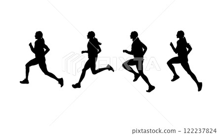 A sequence of four silhouettes of a female runner in different stages of running motion, wearing athletic clothing and sneakers, set against a plain white background A sequence of four silhouettes of a female runner in different stages of running motion, wearing athletic clothing and sneakers, set against a plain white background 122237824