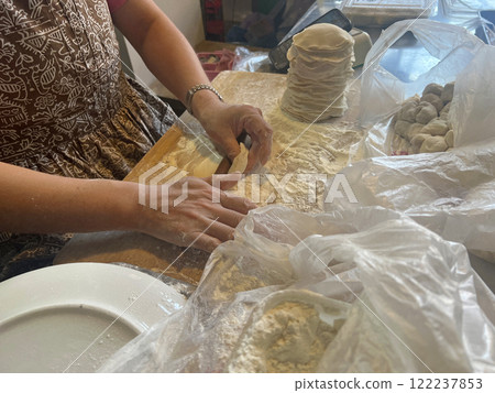 Photographing a street vendor skillfully rolling out dumpling skins with a rolling pin at a traditional market Photographing a street vendor skillfully rolling out dumpling skins with a rolling pin at a traditional market 122237853