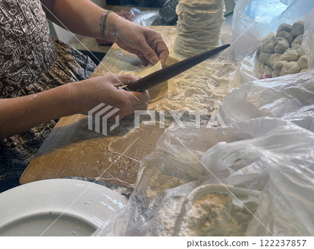 Photographing a street vendor skillfully rolling out dumpling skins with a rolling pin at a traditional market Photographing a street vendor skillfully rolling out dumpling skins with a rolling pin at a traditional market 122237857