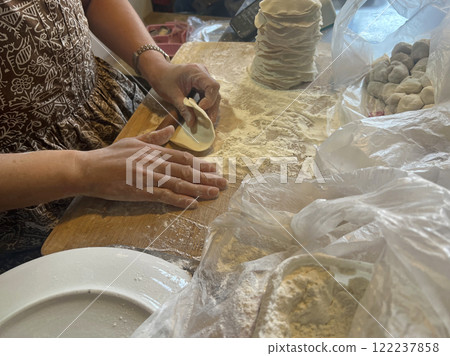 Photographing a street vendor skillfully rolling out dumpling skins with a rolling pin at a traditional market 122237858