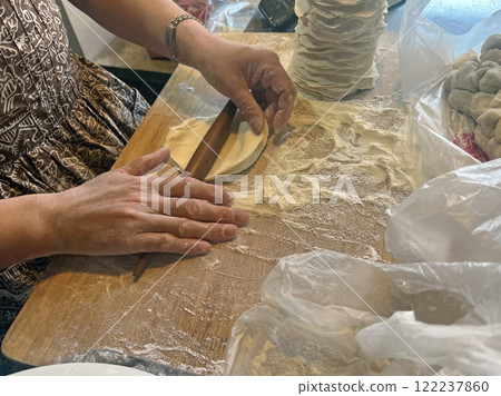 Photographing a street vendor skillfully rolling out dumpling skins with a rolling pin at a traditional market 122237860