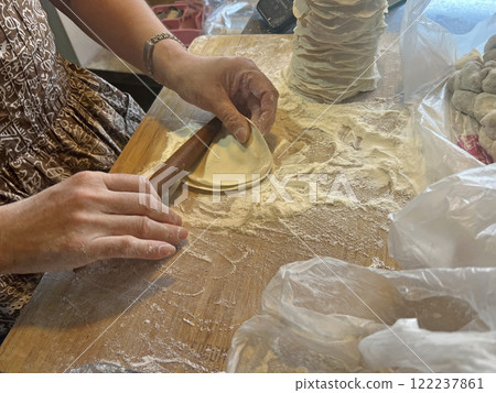 Photographing a street vendor skillfully rolling out dumpling skins with a rolling pin at a traditional market Photographing a street vendor skillfully rolling out dumpling skins with a rolling pin at a traditional market 122237861