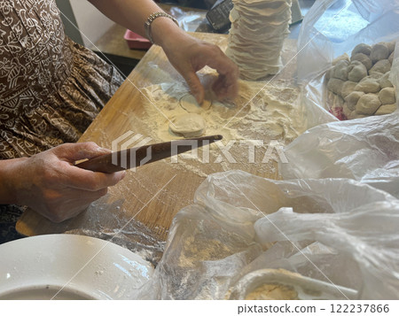 Photographing a street vendor skillfully rolling out dumpling skins with a rolling pin at a traditional market Photographing a street vendor skillfully rolling out dumpling skins with a rolling pin at a traditional market 122237866
