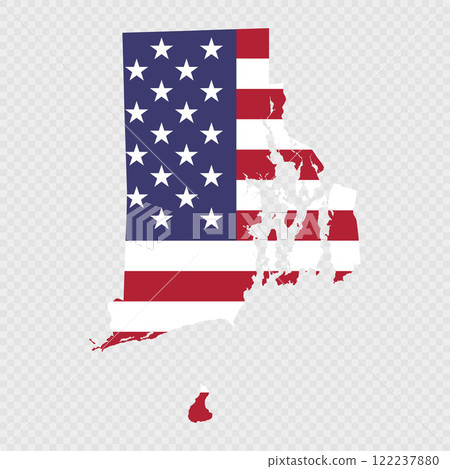 Rhode Island state map with American national flag. 122237880