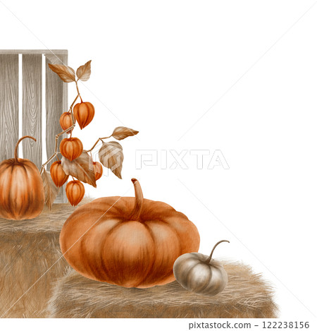 Corner fall template of orange and gray pumpkins,sprigs of physalis,hay bales and a wooden crate for pumpkin,harvest festival or Thanksgiving decorations.Watercolor clipart on a transparent background 122238156