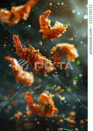 Crispy Fried Shrimp in Mid-Air with Dark Background and Falling Crumbs 122238211