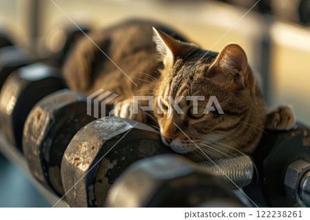 Adorable Tabby Kitten Playing with Dumbbells in a Fitness Setting 122238261