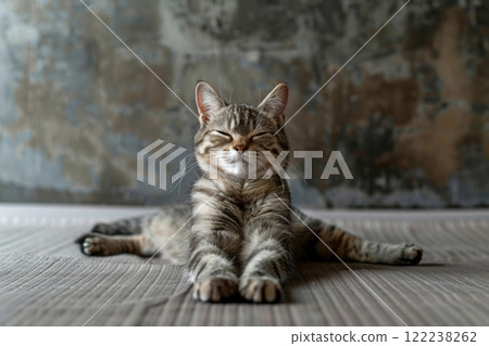 Relaxed Tabby Cat Stretching on Cozy Bed in Rustic Home Setting 122238262