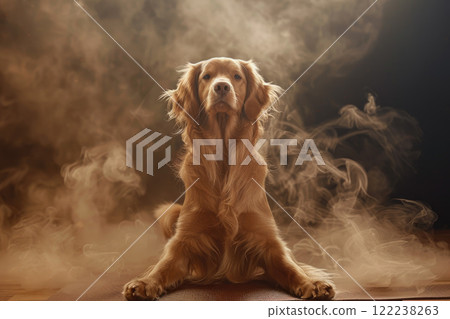 Adorable Dog Meditating in Autumn Forest with Golden Leaves and Sunlight 122238263