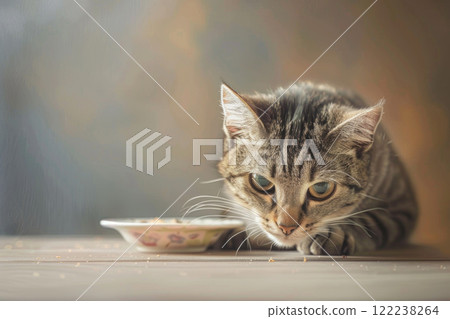 Curious Tabby Cat with Green Eyes Gazing Behind a Bowl in Artistic Background Curious Tabby Cat with Green Eyes Gazing Behind a Bowl in Artistic Background 122238264