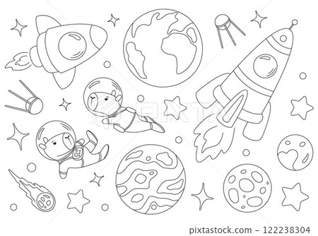 Coloring page with two flying capybaras astronauts Coloring page with two flying capybaras astronauts 122238304