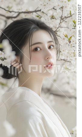 櫻花樹下，身穿白色和服的女子顯得平靜 122238307