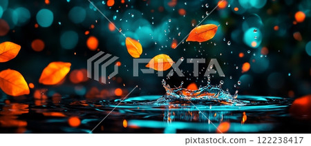 Autumn leaves fall into a tranquil pool of water, creating a mesmerizing splash 122238417