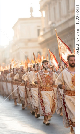 A procession of men in traditional white and red robes, carrying staffs and flags, walk through a sunlit city street 122238431