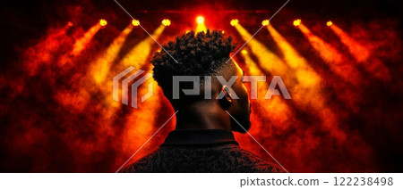 A young man stands on stage, bathed in warm stage lighting, looking towards the audience, lost in thought 122238498