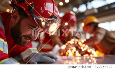 Caucasian male young firefighter team working with safety helmets and equipment indoors 122238499