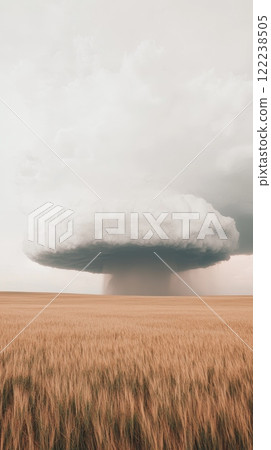 A large, dark storm cloud looms over a vast golden wheat field 122238505