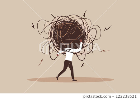 A person struggles under the weight of overwhelming mental stress, symbolized by tangled lines and lightning bolts 122238521