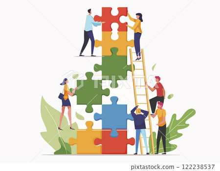A team collaborates to assemble a large...-插圖素材 [122238537] - PIXTA圖庫