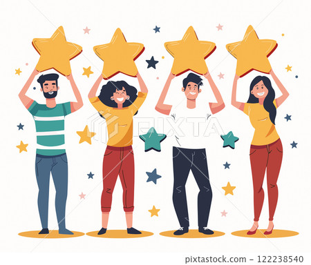 Four cheerful people hold up golden stars, celebrating success and positive feedback 122238540