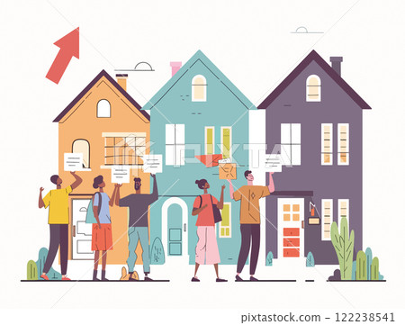 A group of people protesting in front of colorful houses, holding signs and banners addressing housing issues 122238541