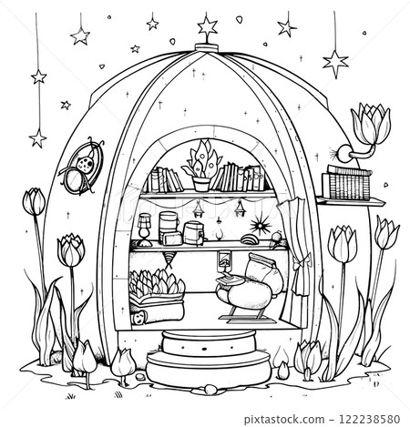 Charming black and white illustration of a whimsical dome-shaped home nestled amongst tulips, perfect for coloring books or whimsical designs 122238580