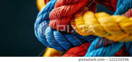 A close-up view highlighting the texture and vibrant colors of intertwined ropes against a dark background. 122238596