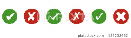 Pixel Art Green Check Marks and Red Cross Icons in Circle Shapes. Approval and Rejection Symbol Collection for Retro UI Design. Success and Error Sign. Isolated Vector Illustration Pixel Art Green Check Marks and Red Cross Icons in Circle Shapes. Approval and Rejection Symbol Collection for Retro UI Design. Success and Error Sign. Isolated Vector Illustration 122238662