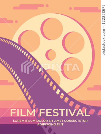 Film festival vector retro poster template design with a film strip and reel on sunset sky view. Minimalist film poster in retro style Film festival vector retro poster template design with a film strip and reel on sunset sky view. Minimalist film poster in retro style 122238675